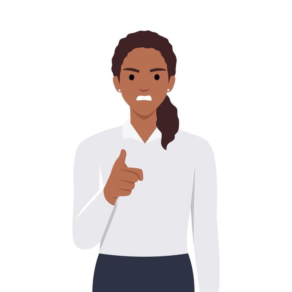 Furious businesswoman feel emotional screaming and scolding. woman point with finger shout and lecture. vector