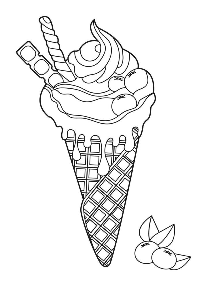 gofre cono con arándano chocolate hielo crema colorante página vector