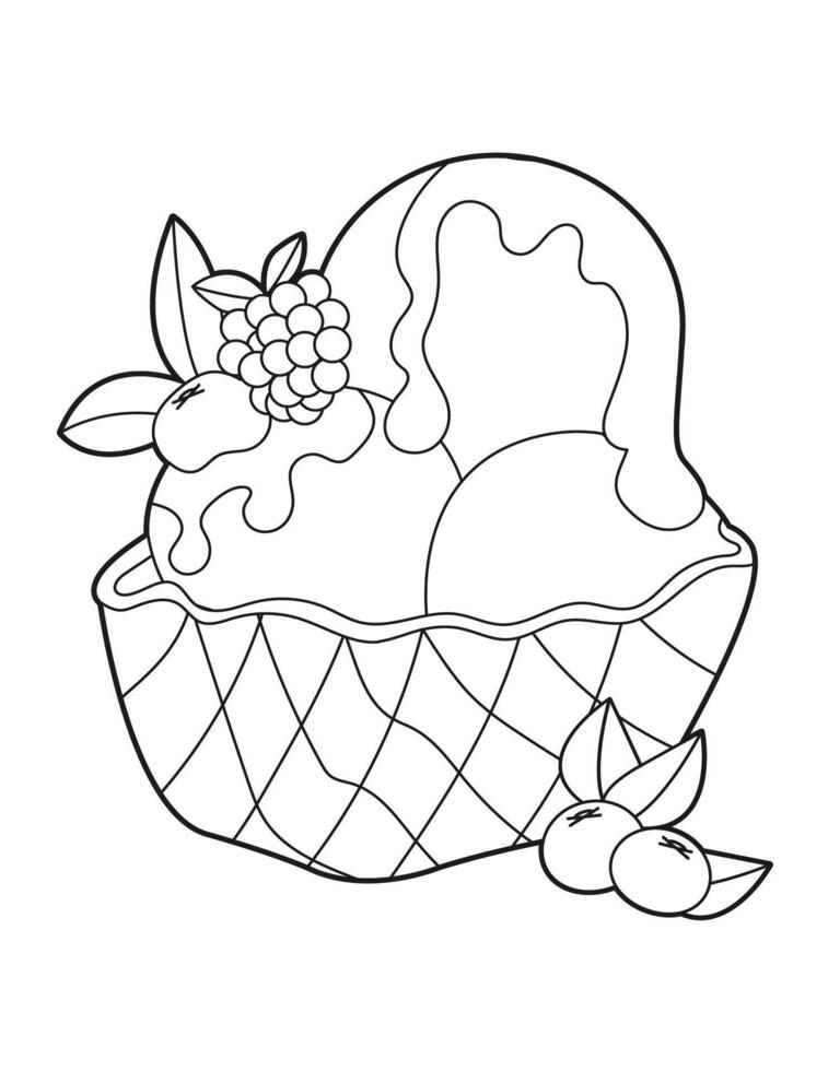 Berry Ice Cream with Berry in a Waffle Basket coloring page vector
