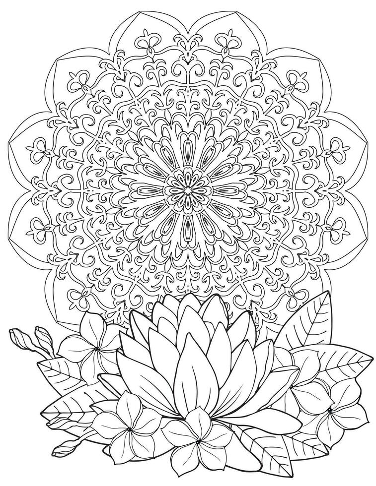 Coloring book for adults Mandala in the center and a beautiful lotus. Doodle coloring page. vector