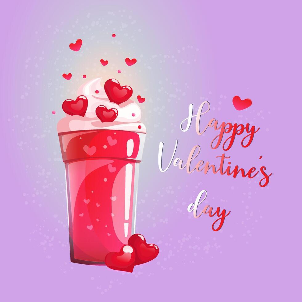 Romantic valentine greeting card. Love drink with bubbles and hearts. Happy Valentines Day. February 14 Vector Illustration.