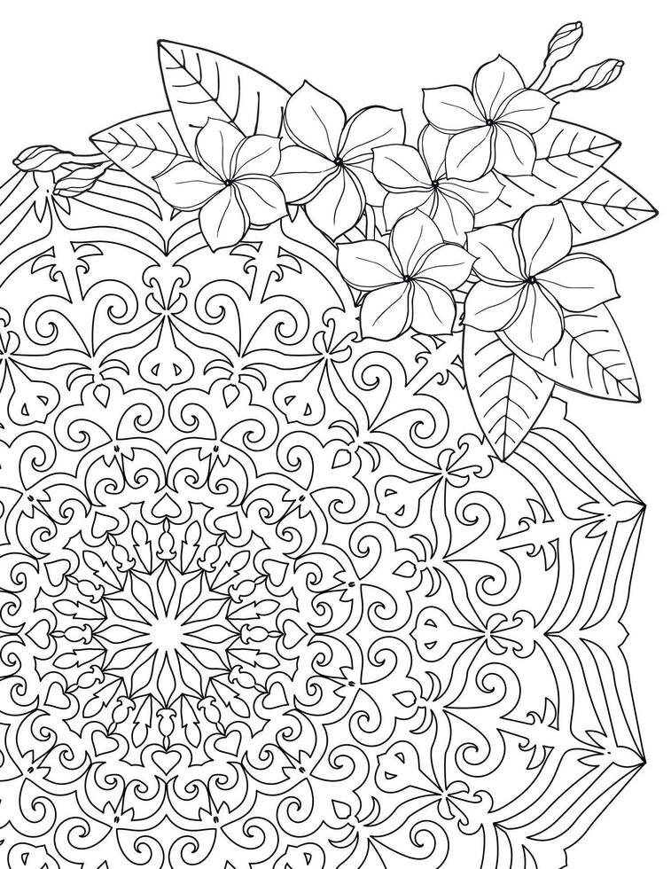 Coloring page. Lace Pattern Mandala and Tropical Flowers. vector