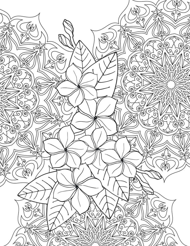 Beautiful Tropical Flowers and Mandala for Coloring page for adults vector