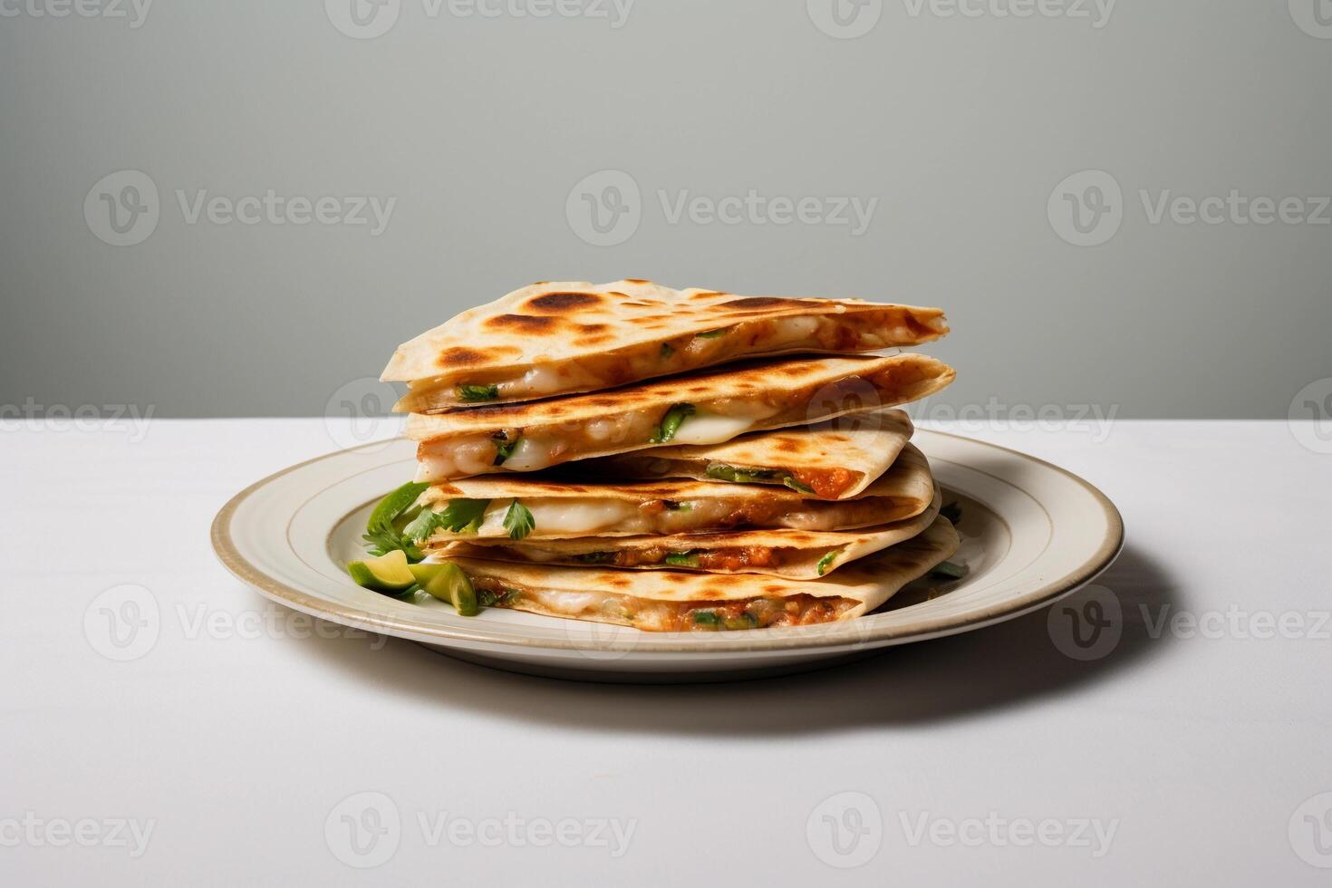 AI generated Stack of slices of delicious quesadilla on a plate, white and gray background. AI generated. photo