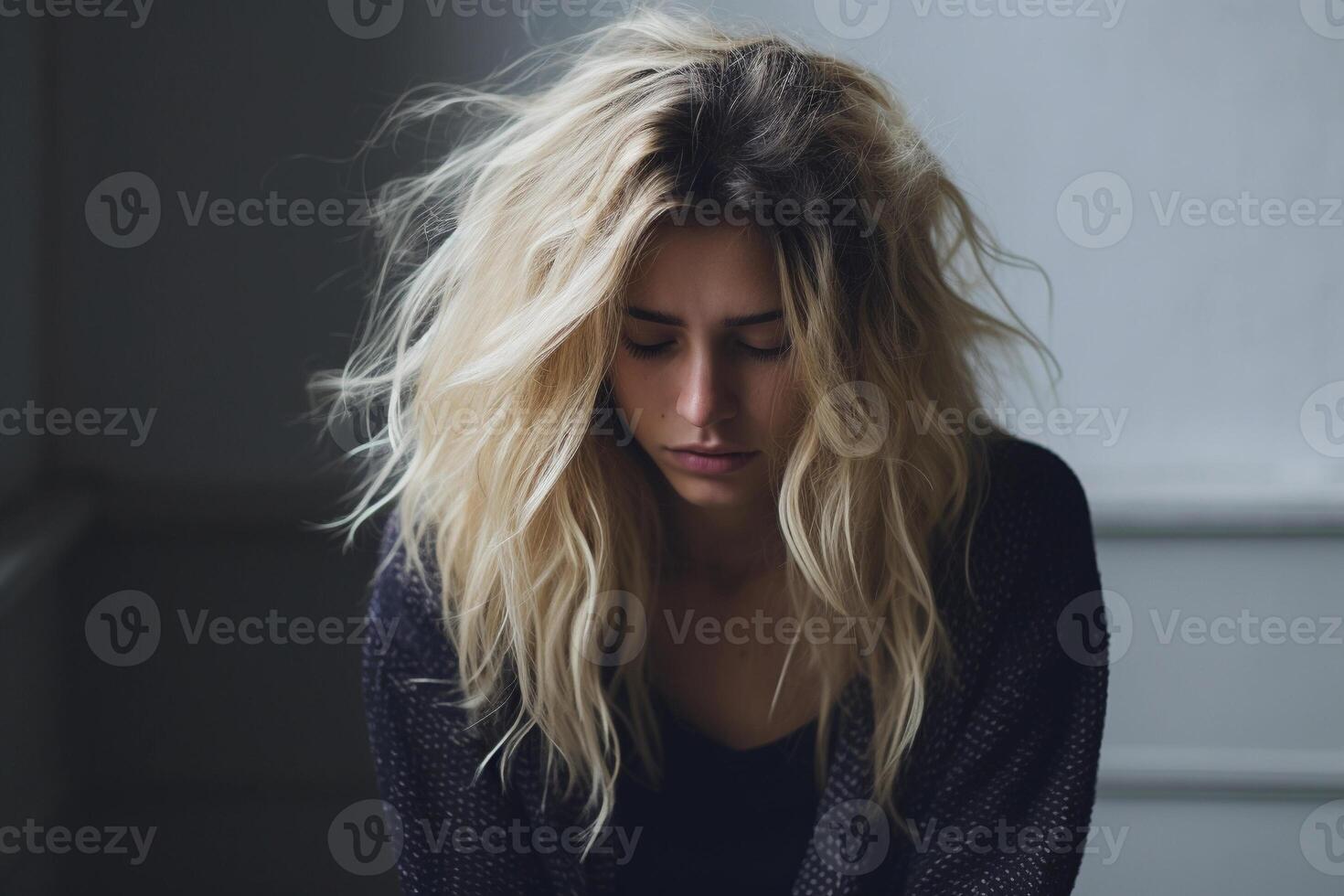AI generated Portrait of depressed young woman, dark background. Mental health concept. AI generated. photo