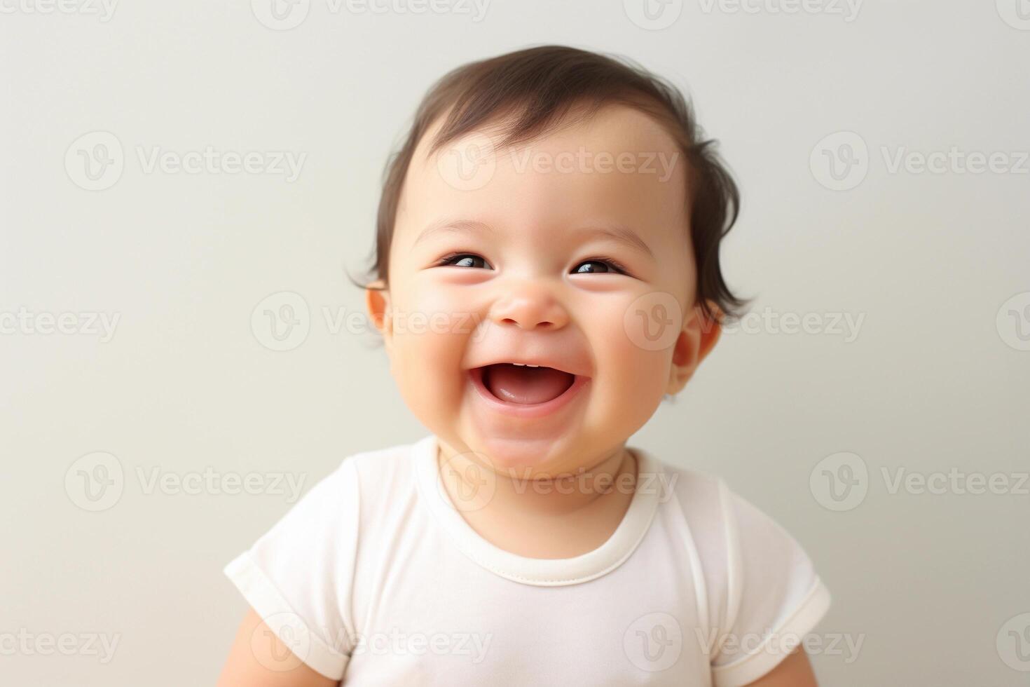 AI generated Close up picture of happy smiling little child, toddler, baby on beige background. AI generated. photo