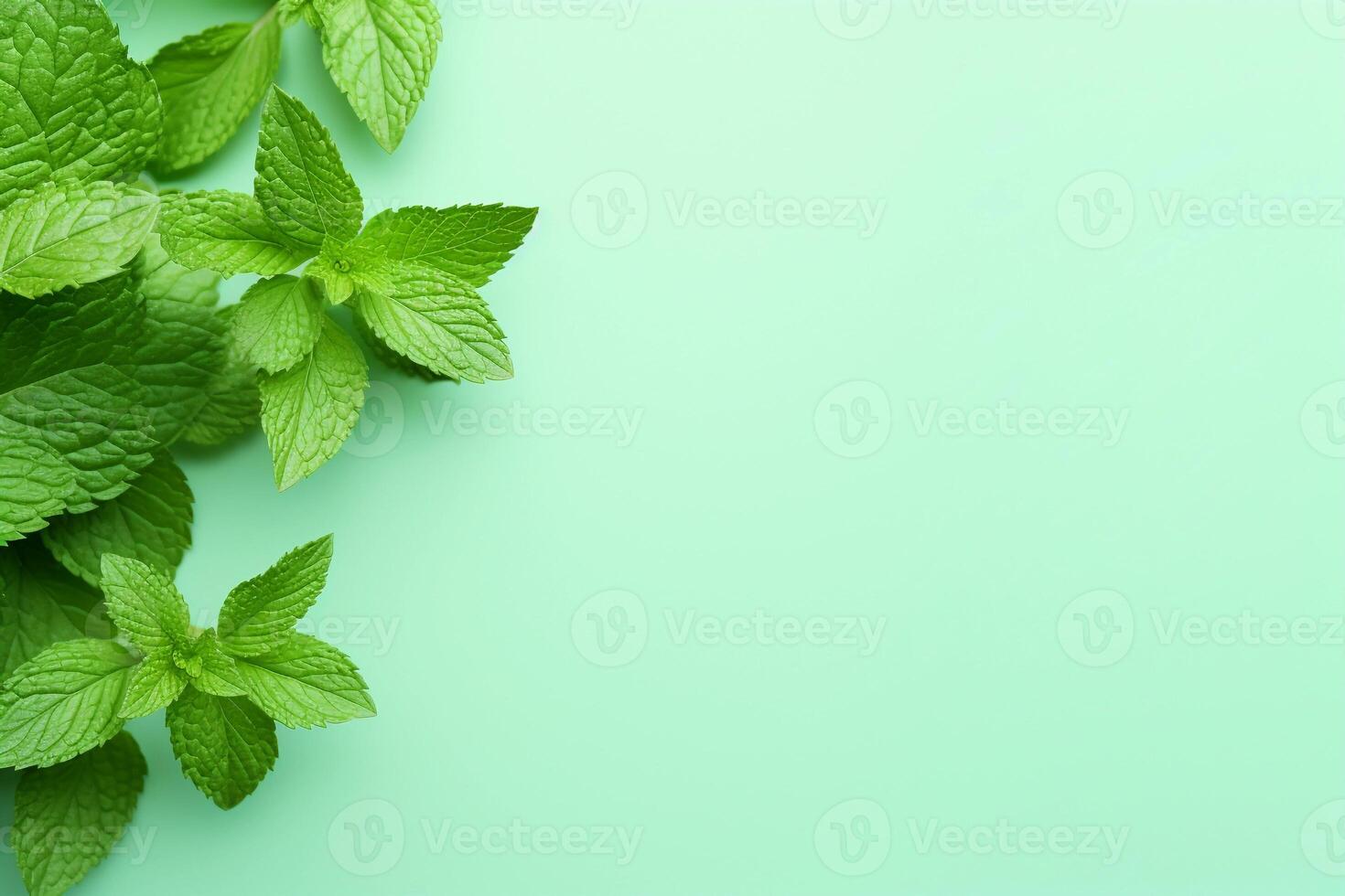 AI generated Fresh mint leaves green natural background with copy space. AI generated. photo