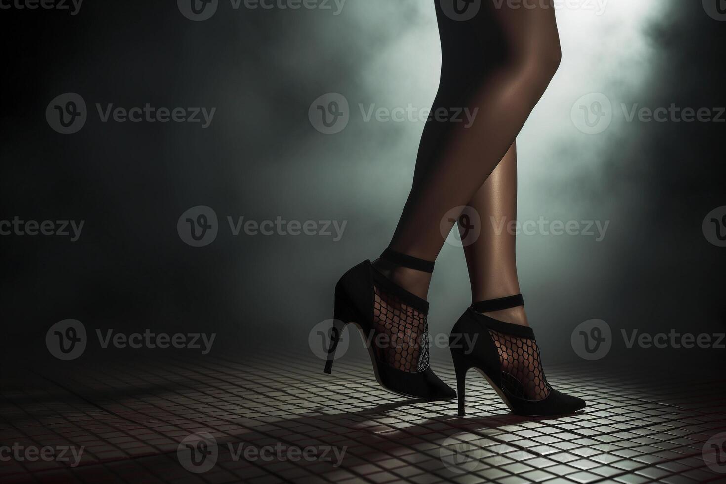 AI generated Beautiful women's feet in high-heeled shoes on dark gray background, copy space. AI generated. photo