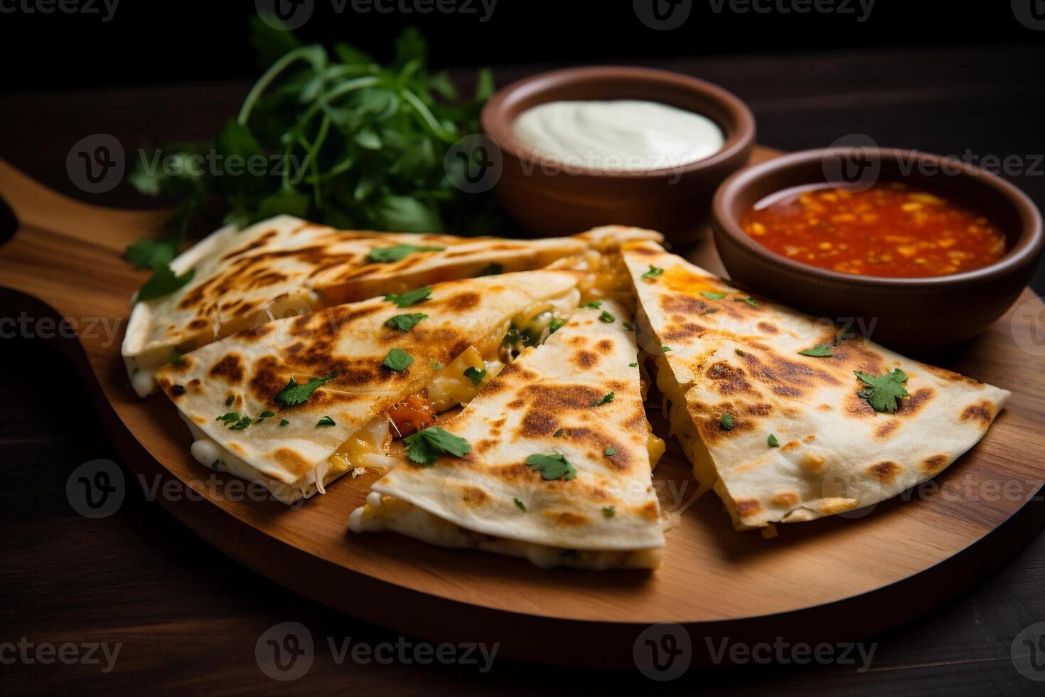 AI generated Slices of delicious quesadilla and sauces on wooden plate, close up. AI generated. photo