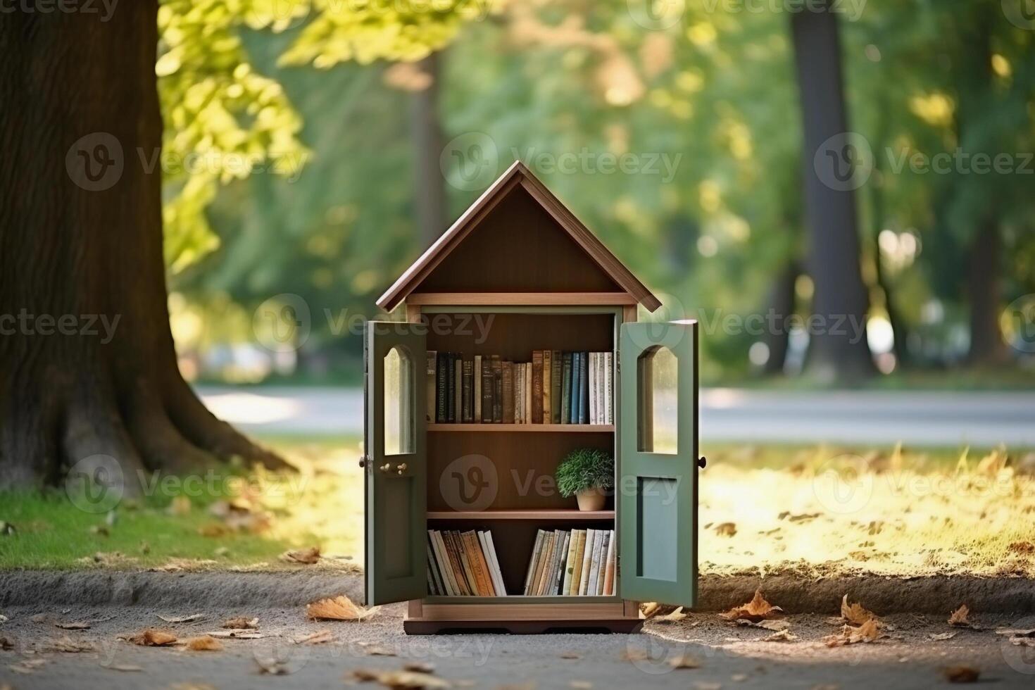 AI generated Open bookcase full of books for bookcrossing in the park. AI generated. photo