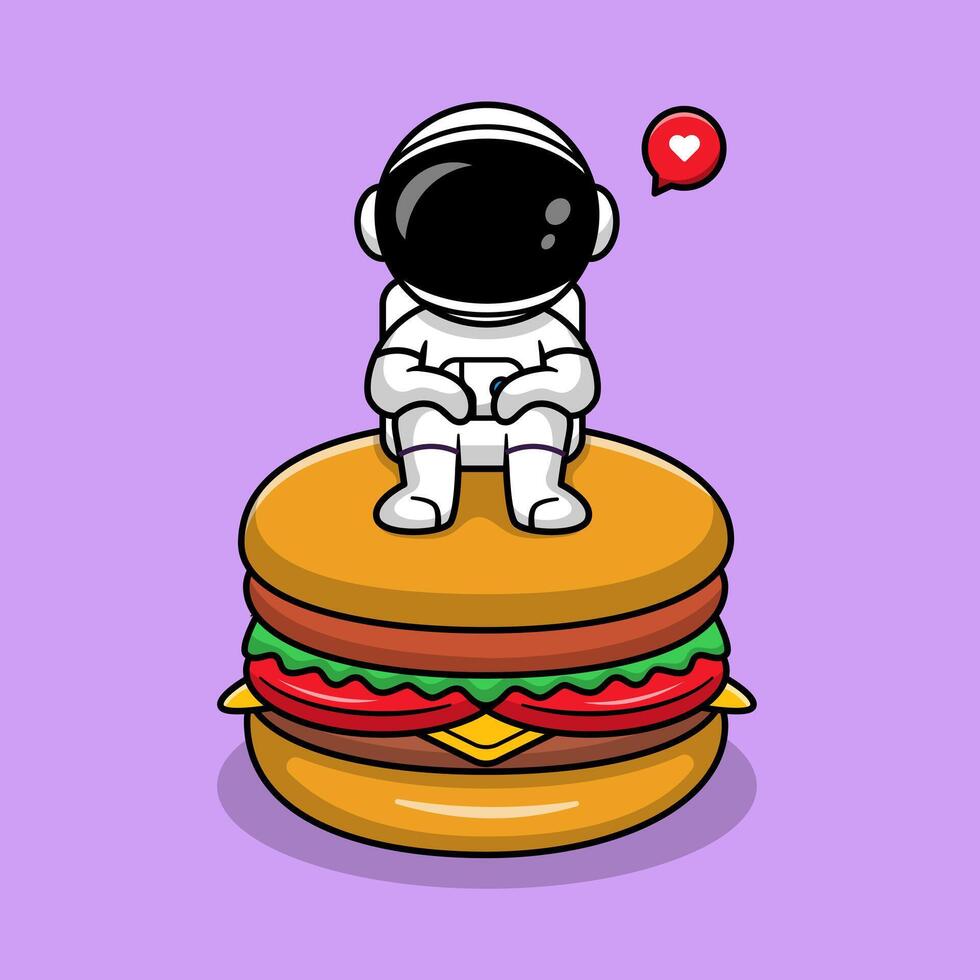Cute Astronaut Sitting On Burger Cartoon Vector Icon Illustration. Science Food Icon Concept Isolated Premium Vector. Flat Cartoon Style