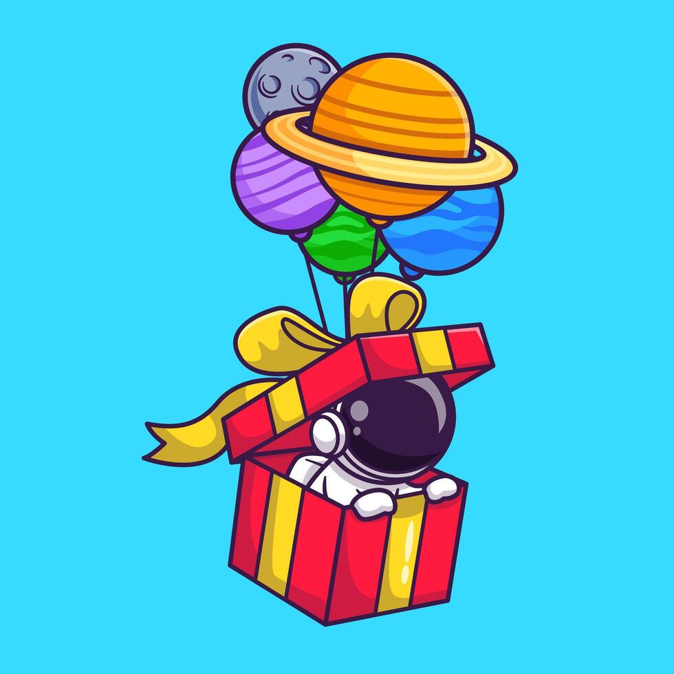 Cute Astronaut In Box Floating With Planet Balloon Cartoon Vector Icon Illustration. Science Technology Icon Concept Isolated Premium Vector. Flat Cartoon Style