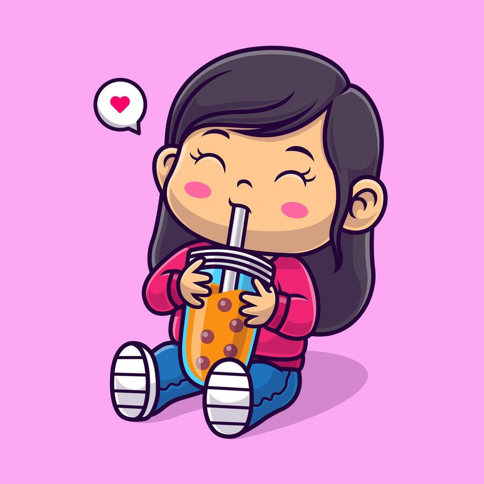 Cute Girl Drink Boba Milk Tea Cartoon Vector Icon Illustration. People Drink Icon Concept Isolated Premium Vector. Flat Cartoon Style