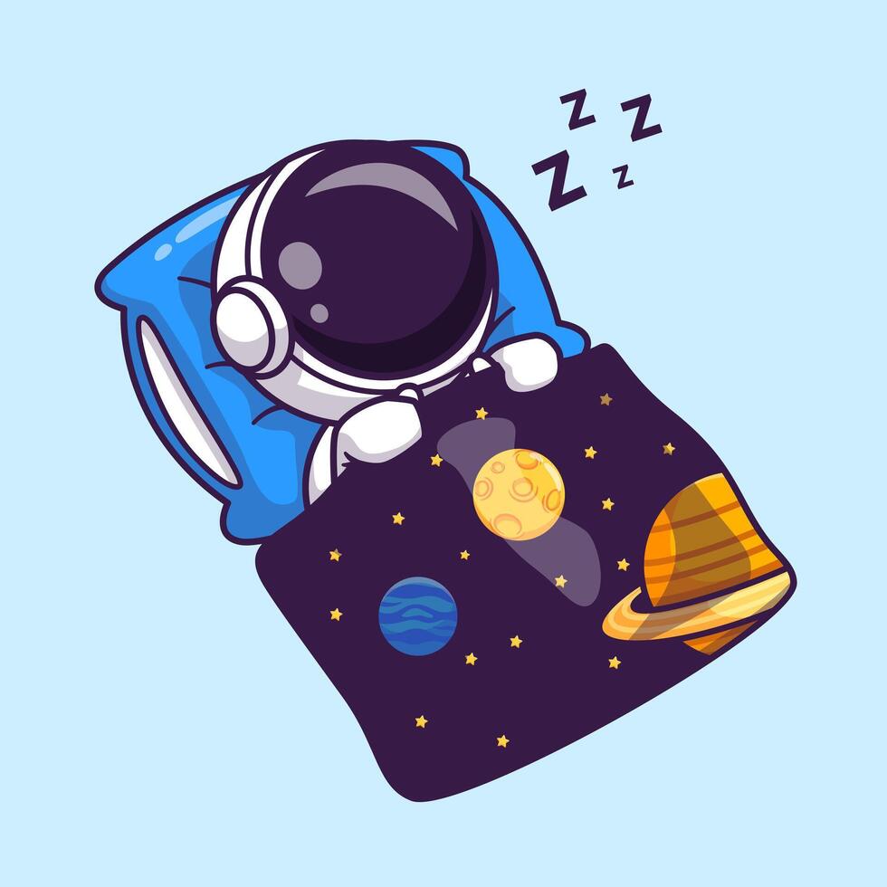 Cute Astronaut Sleeping With Space Blanket Cartoon Vector Icon Illustration. Science Technology Icon Concept Isolated Premium Vector. Flat Cartoon Style