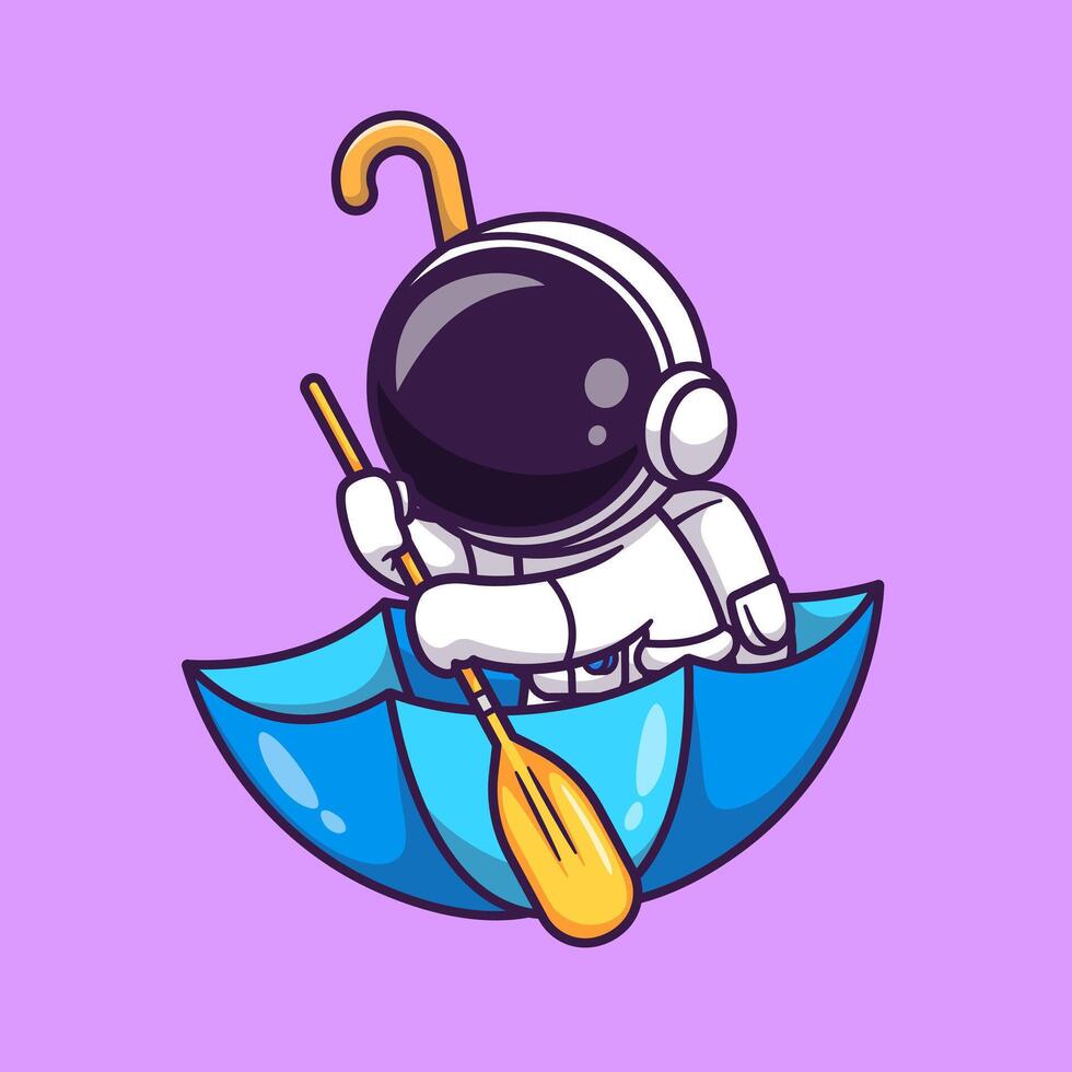 Cute Astronaut Paddling On Umbrella Cartoon Vector Icon Illustration. Science Technology Icon Concept Isolated Premium Vector. Flat Cartoon Style