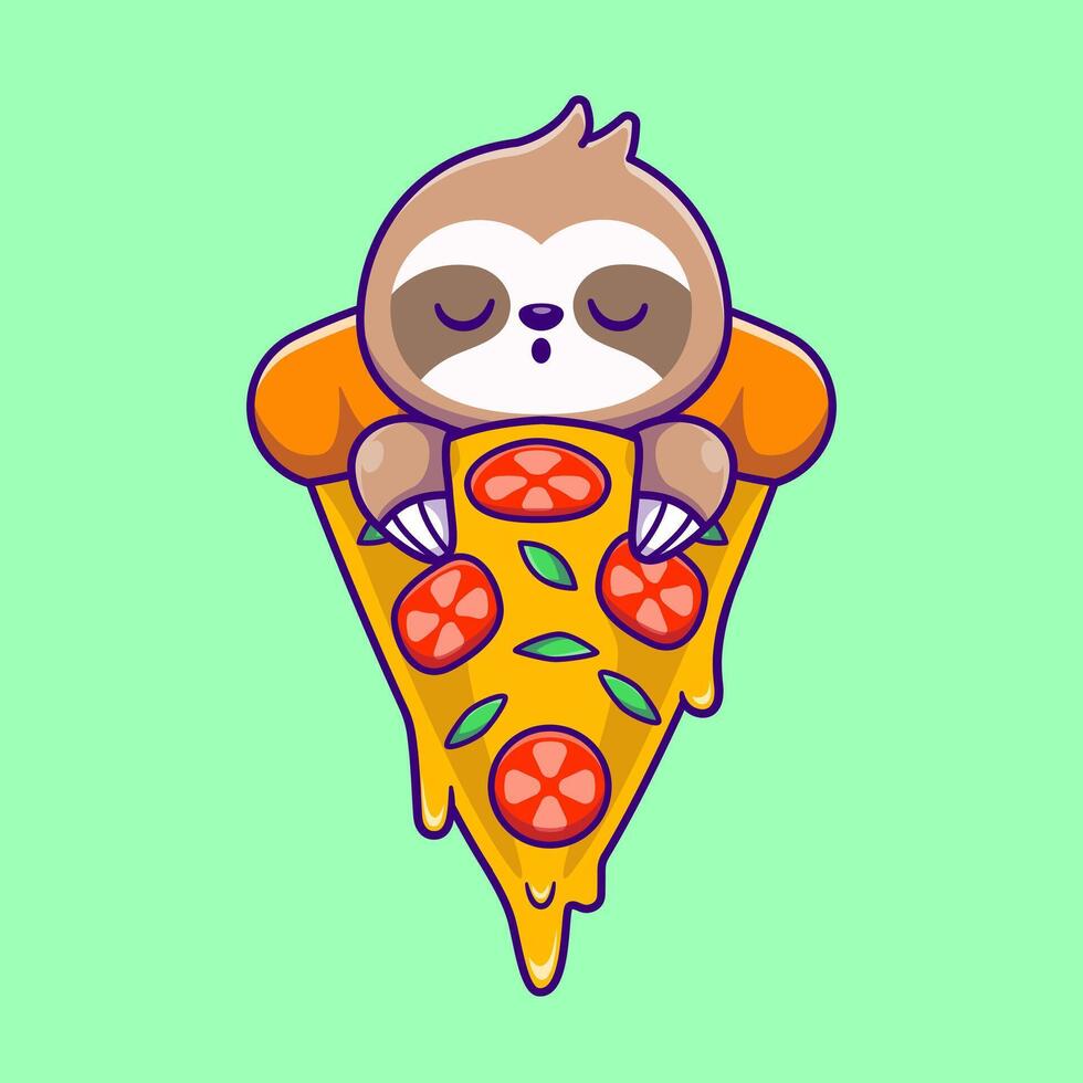 Cute Sloth Sleeping On Pizza Cartoon Vector Icon Illustration. Animal Food Icon Concept Isolated Premium Vector. Flat Cartoon Style