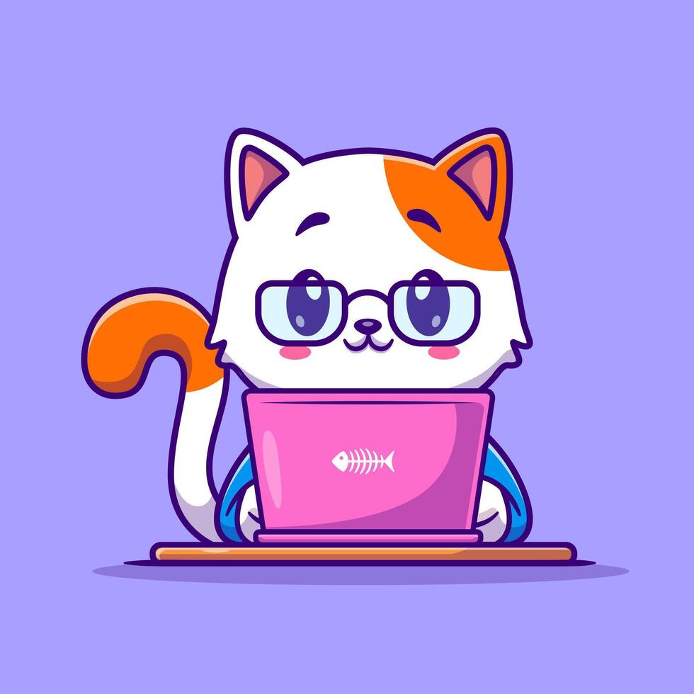 Cute Cat Working On Laptop Cartoon Vector Icon Illustration. Animal Technology Icon Concept Isolated Premium Vector. Flat Cartoon Style