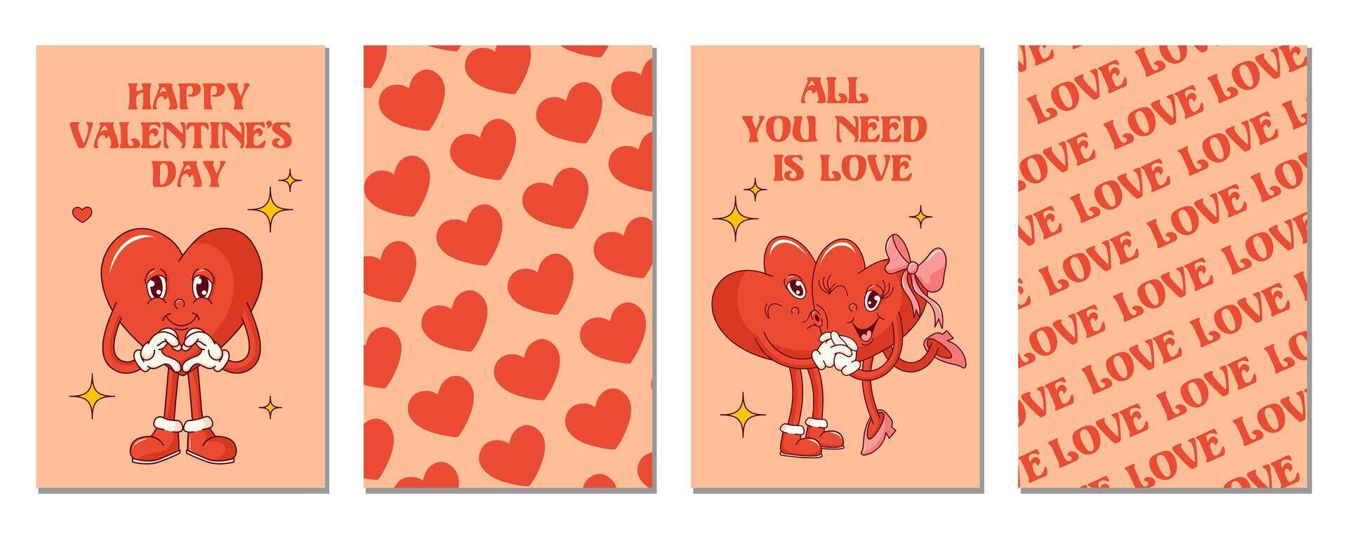 Set with groovy hearts cards for Valentine's Day. Trendy retro 60s, 70s style. vector