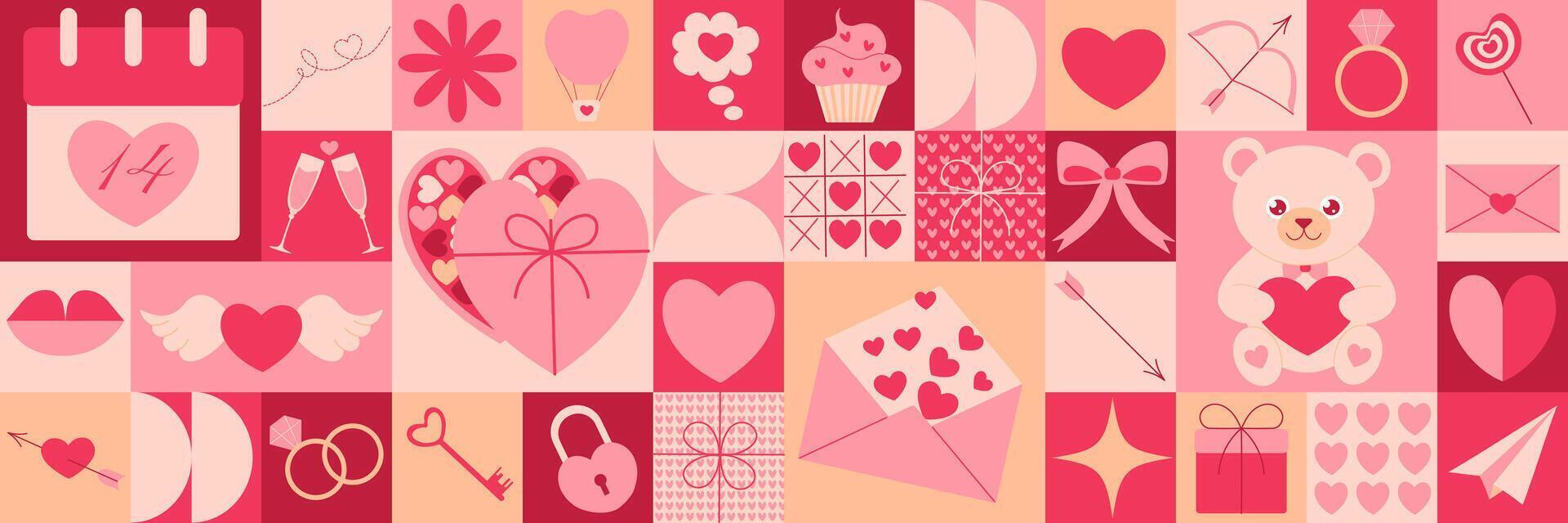 Geometric pattern with Valentines Day icons. Bauhaus style. Vector flat design for poster, card, wallpaper, poster, banner, packaging. Heart, bear, love, gift, ribbon bow