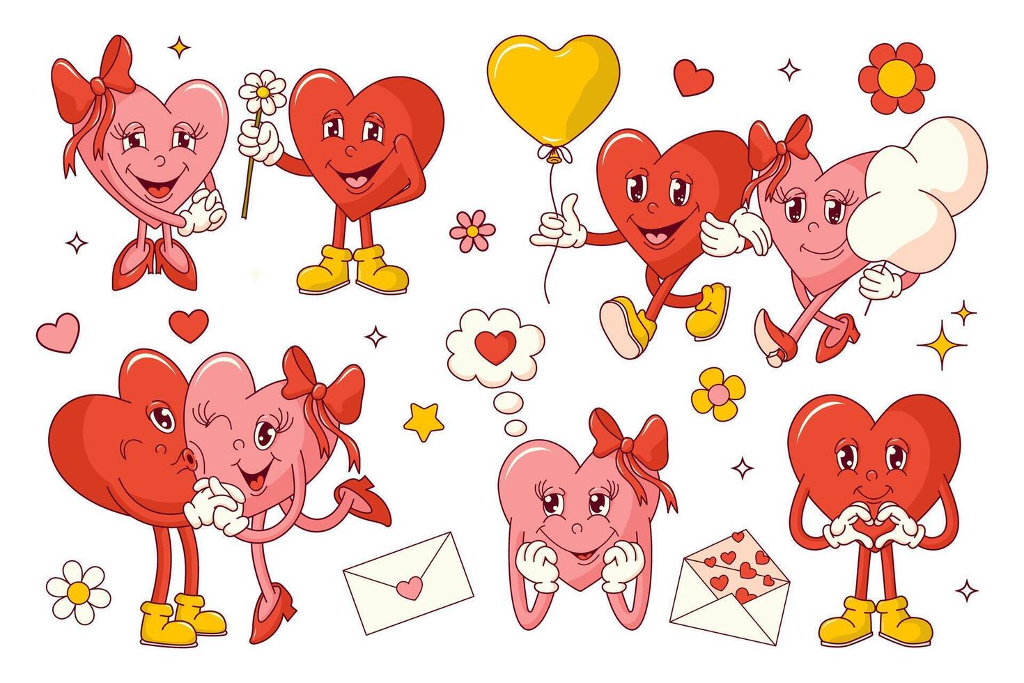 Groovy hearts couple character stickers set. Valentine's day. Retro vector illustration for poster, postcard, banner.