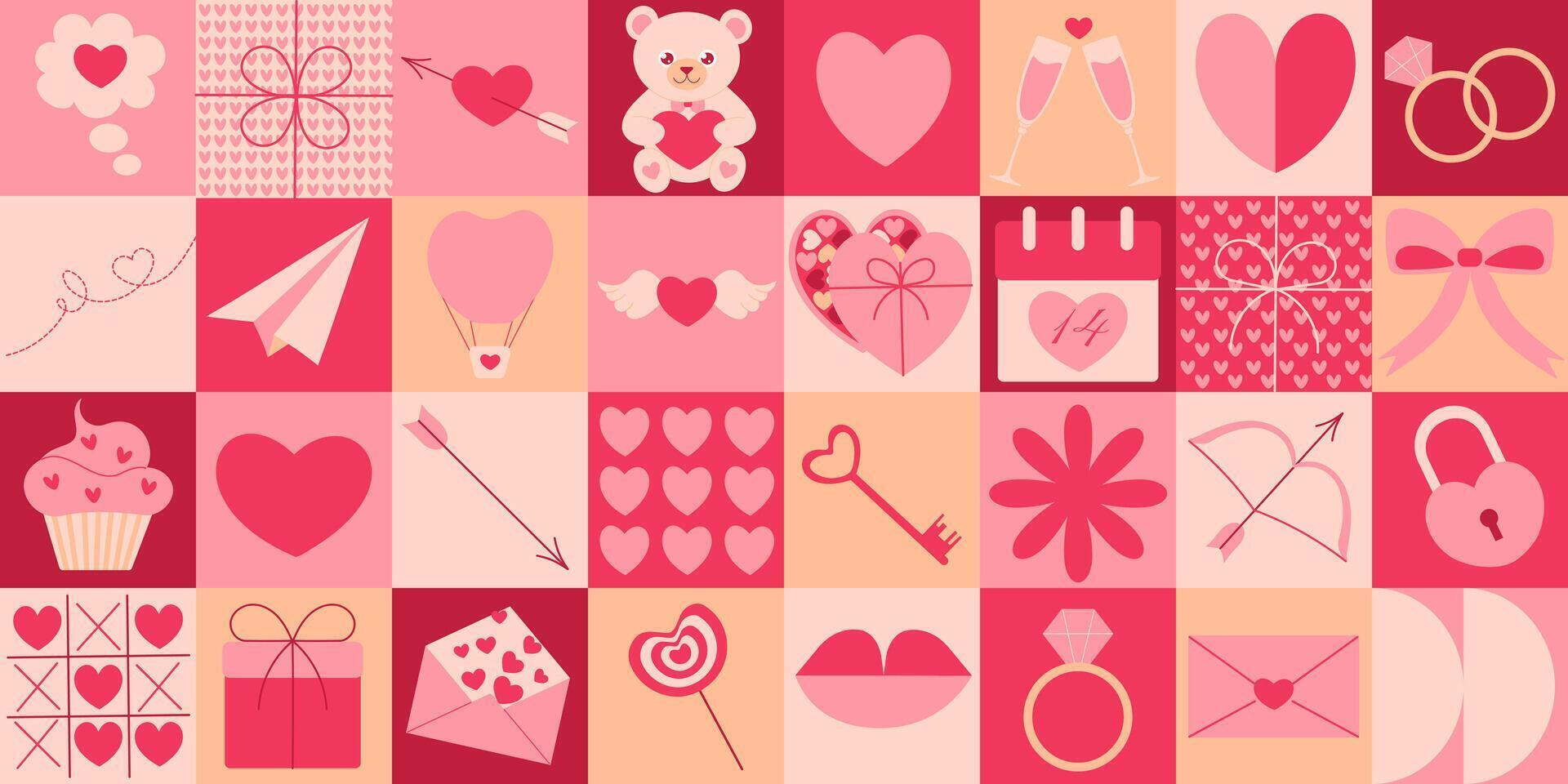 Valentines Day icons elements with geometric pattern. Bauhaus style. Vector flat design for poster, card, wallpaper, poster, banner, packaging. Heart, bear, love, gift, ribbon bow