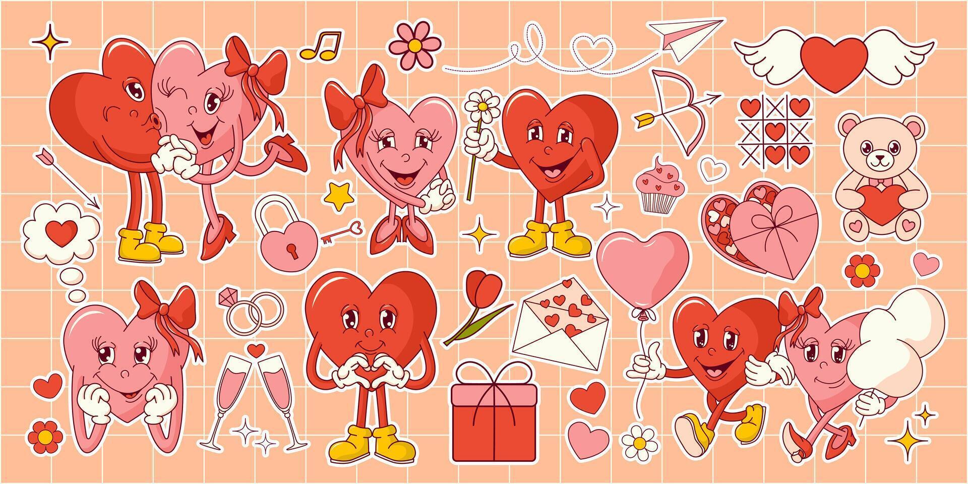 Groovy hearts character stickers set. Valentine's day. Retro vector illustration.