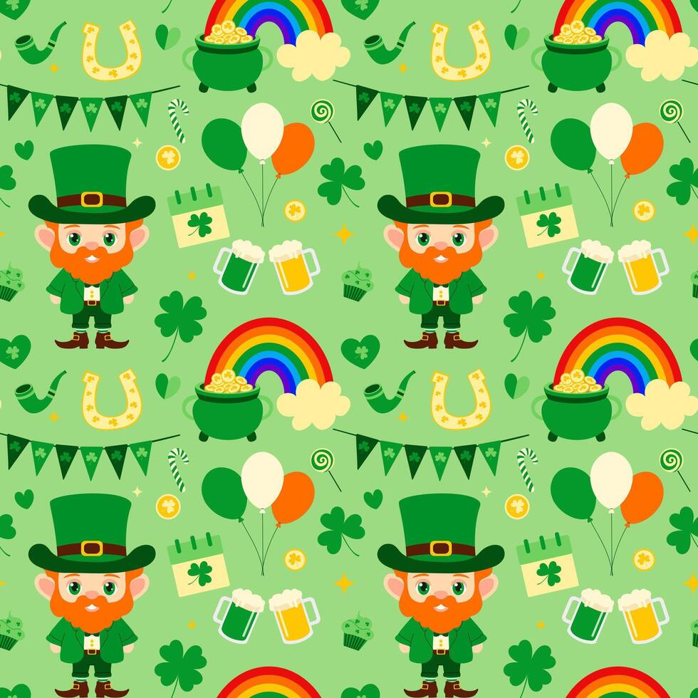 st patricks day pattern with Shamrock, leprechaun, clover, rainbow, March 17th, hat vector