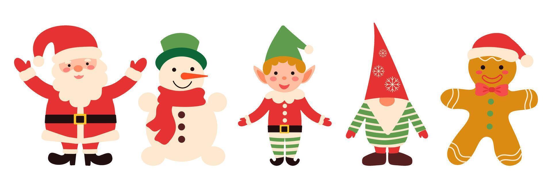 Christmas set with Snowman, Santa Claus, elf, gnome, gingerbread man character vector