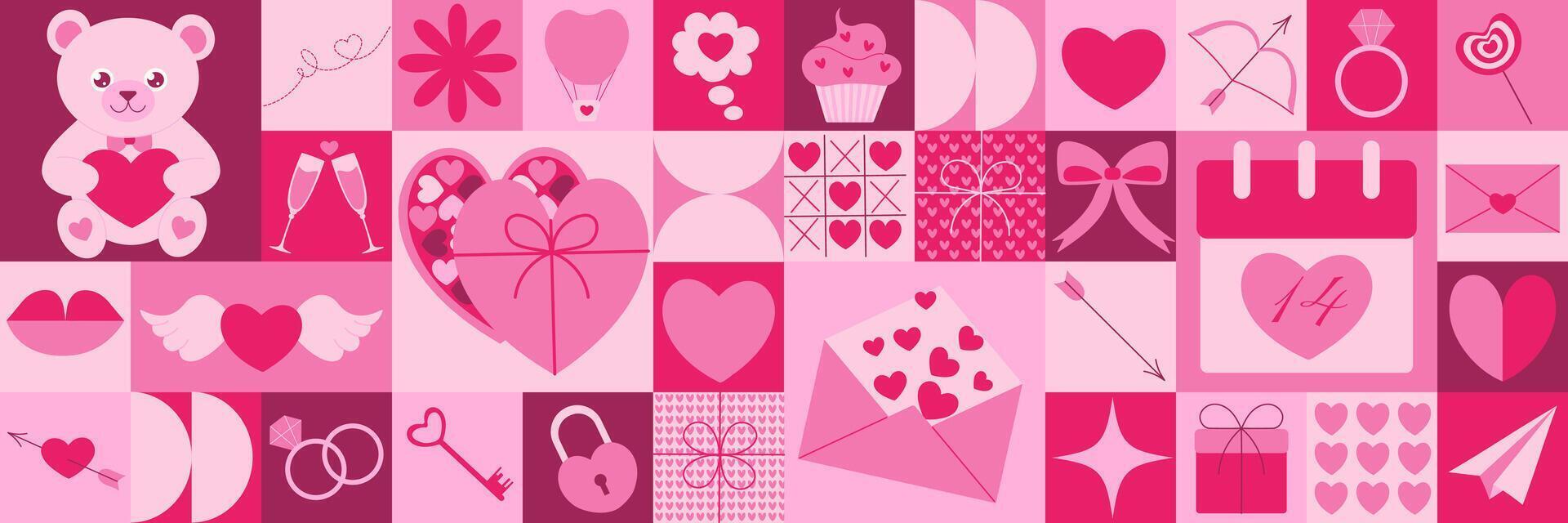 Valentines Day icons elements with geometric pattern. Bauhaus style. Vector flat design for poster, card, wallpaper, poster, banner, packaging. Heart, bear, love, gift, ribbon bow