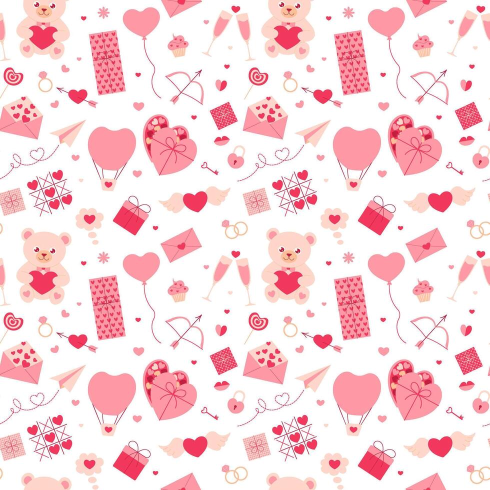 Valentine's Day seamless pattern. Vector illustration with teddy bear, paper airplane, hearts, flower, engagement rings, game tic-tac-toe