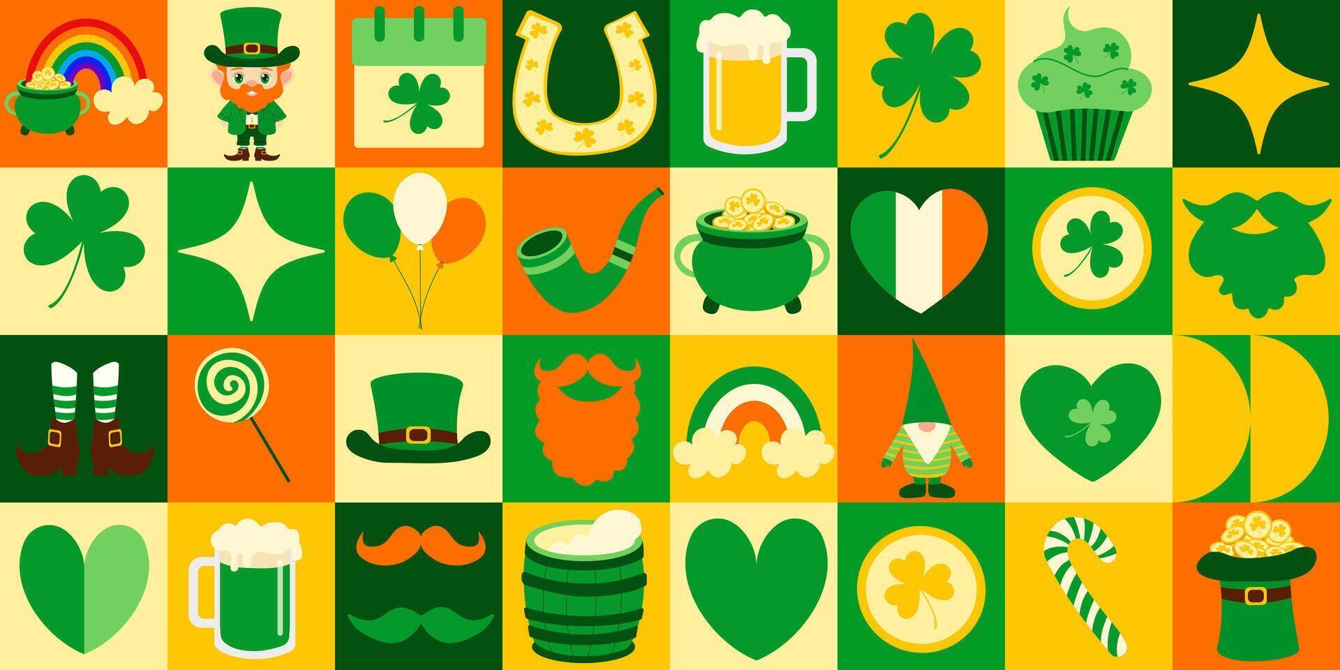 St. Patrick's day icon elements with geometric pattern. Bauhaus style. Vector flat design for poster, card, wallpaper, poster, banner, packaging. Shamrock, leprechaun, clover, March 17th, hat, gnome.