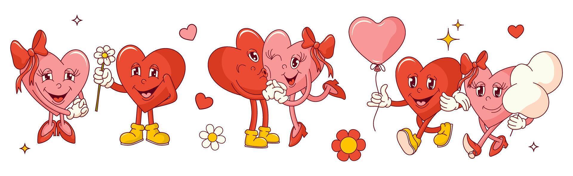 Groovy hearts couple character stickers set. Valentine's day. vector