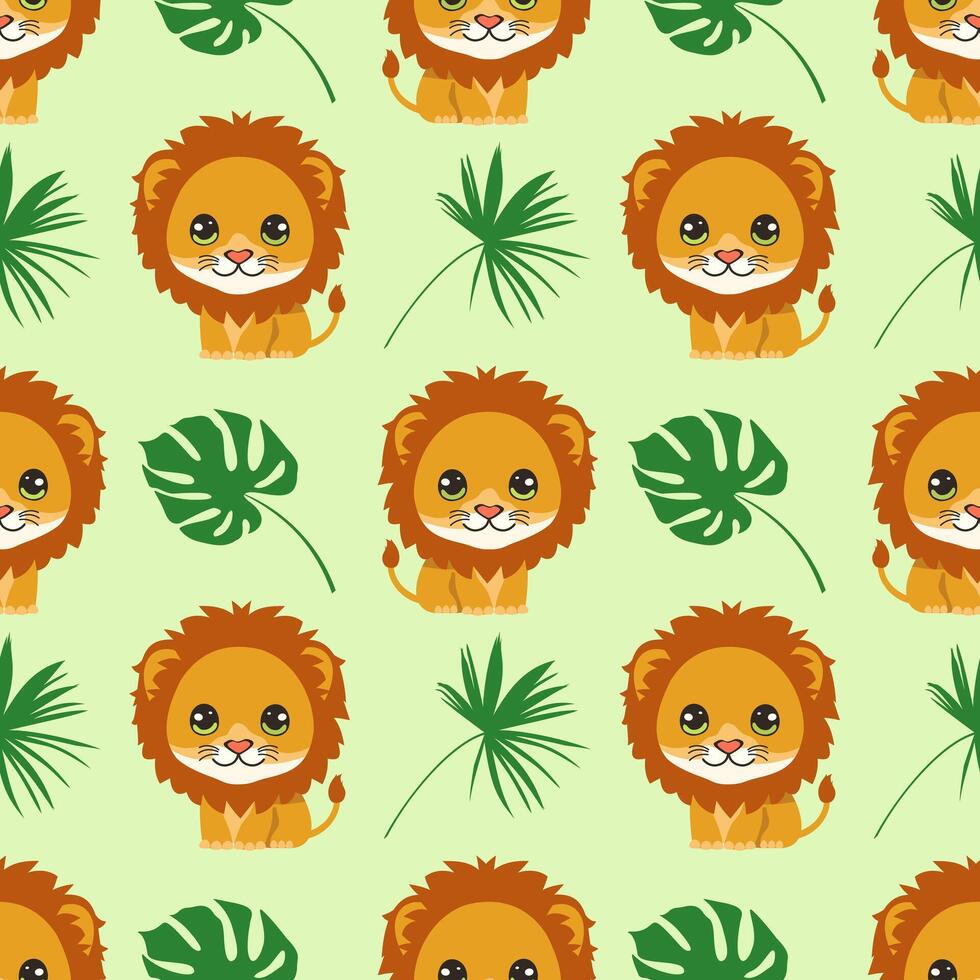 seamless pattern with lion and tropical leaves vector