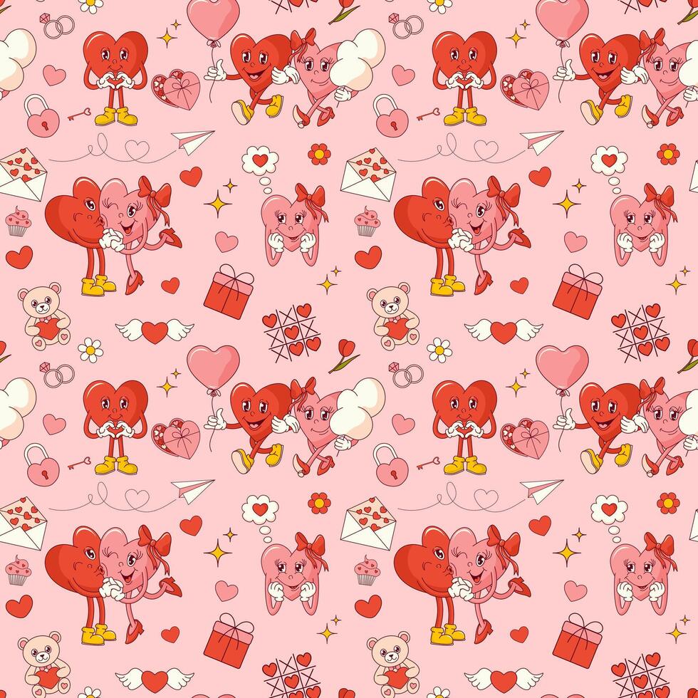 Seamless pattern with groovy hearts for Valentines Day vector