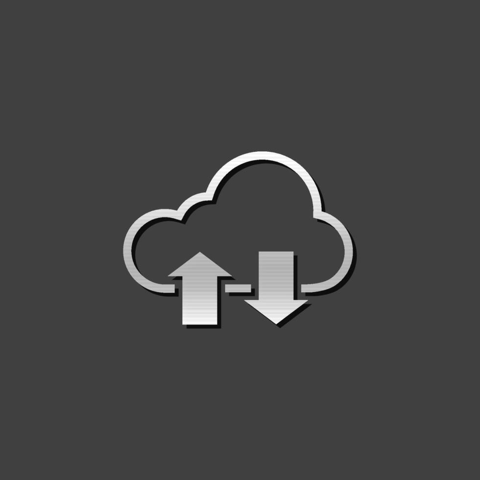 Cloud icon with arrows in metallic grey color style. Computing data storage vector