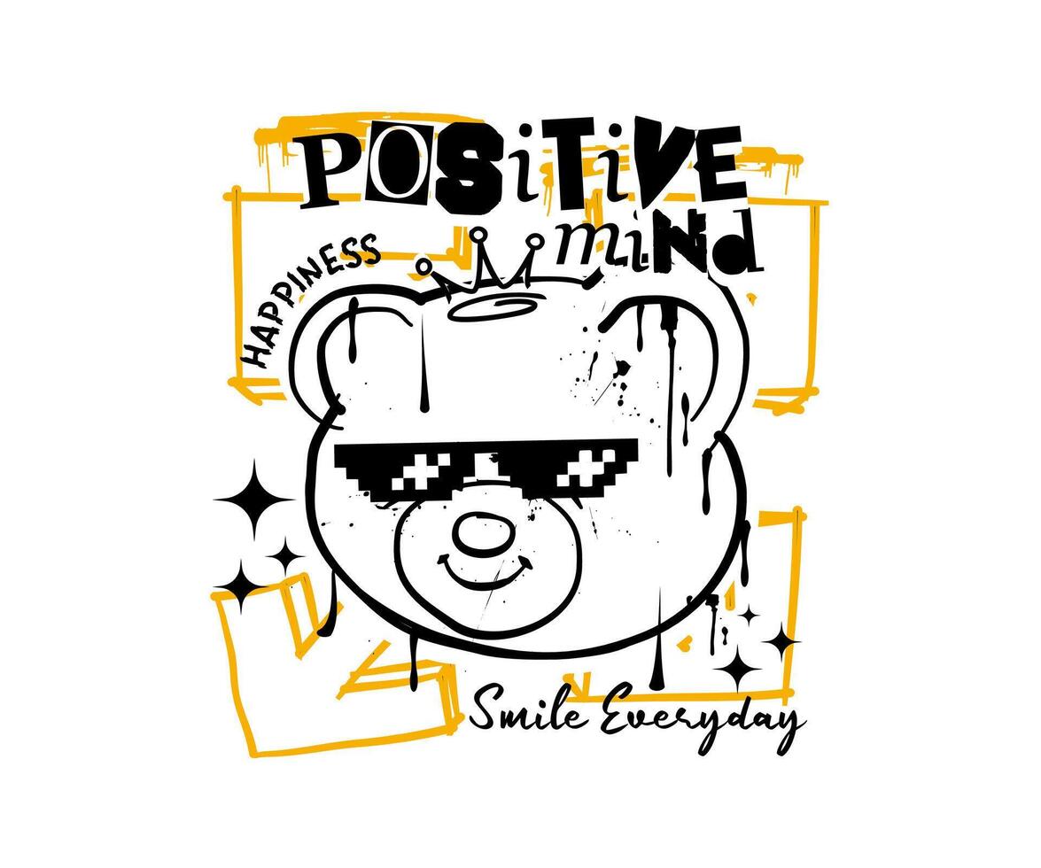 positive mind slogan with head teddy bear doll graphic melting vector illustration on white background for t shirt, poster, streetwear, urban design, hoodie, etc