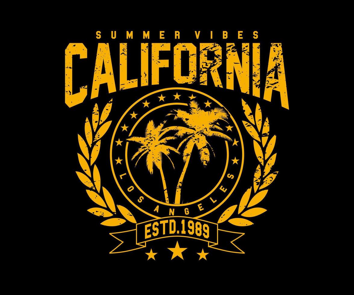 california varsity  summer vibes with palm tree in grunge abstract design illustration vector for t shirt, poster, streetwear, urban design, hoodie, etc