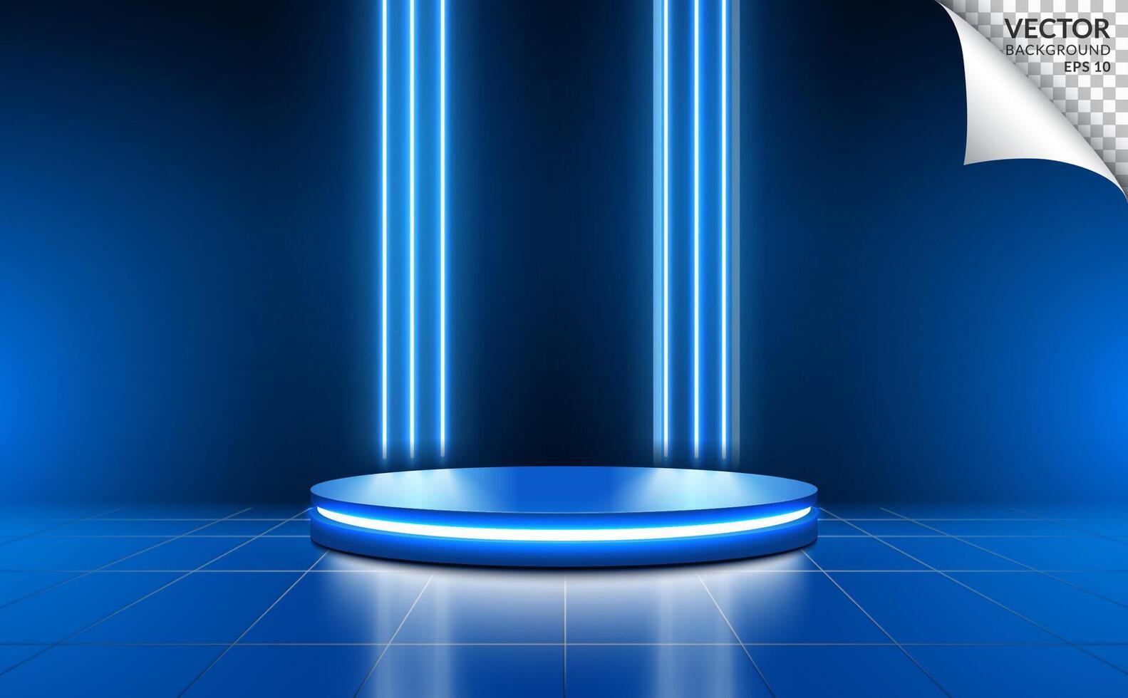 Blue cylinder podium with neon light line background scene for digital business technology product vector