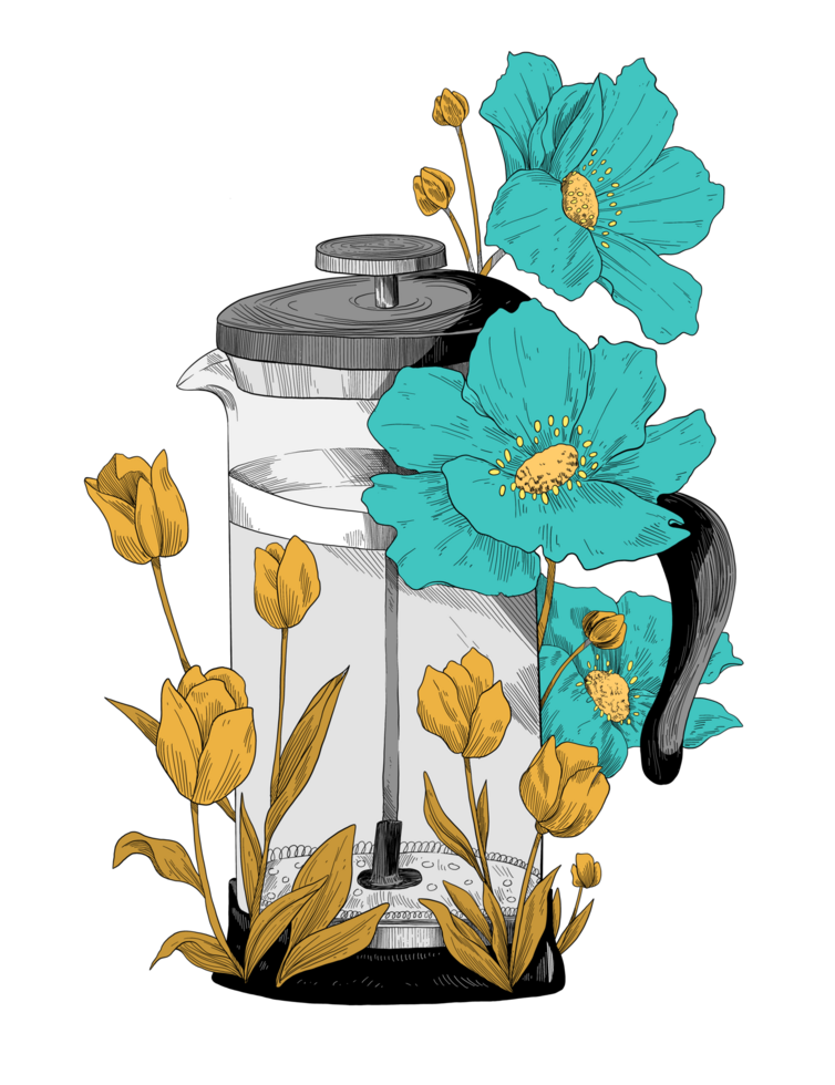 Coffeepress flower, good coffee, illustration for coffee shop png