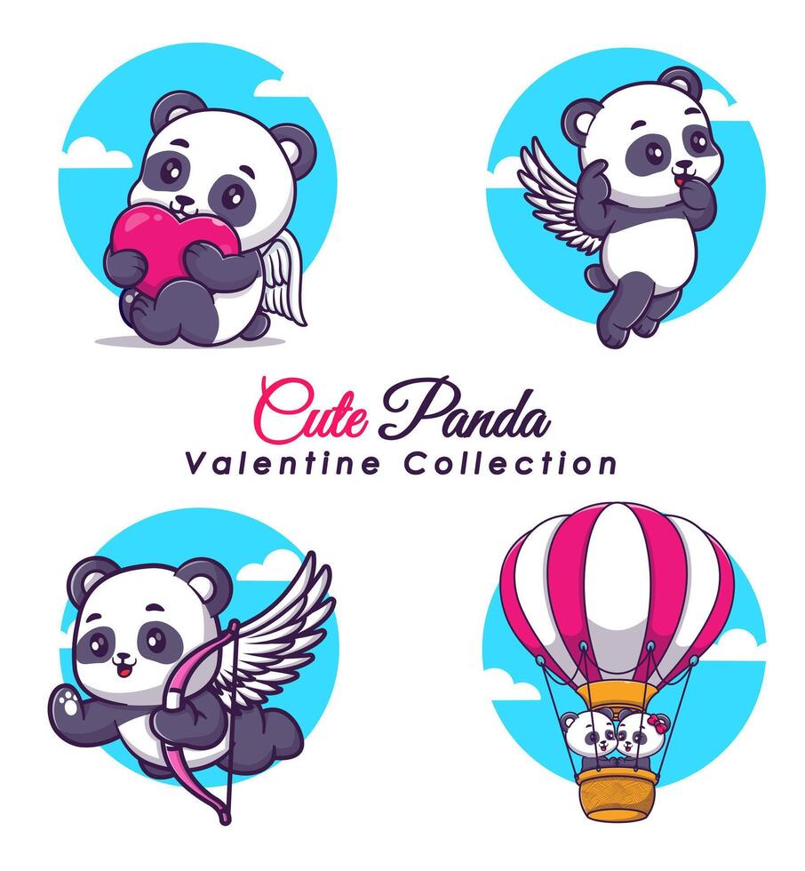 Set of cute panda with poses for valentine's day cartoon vector icon illustration