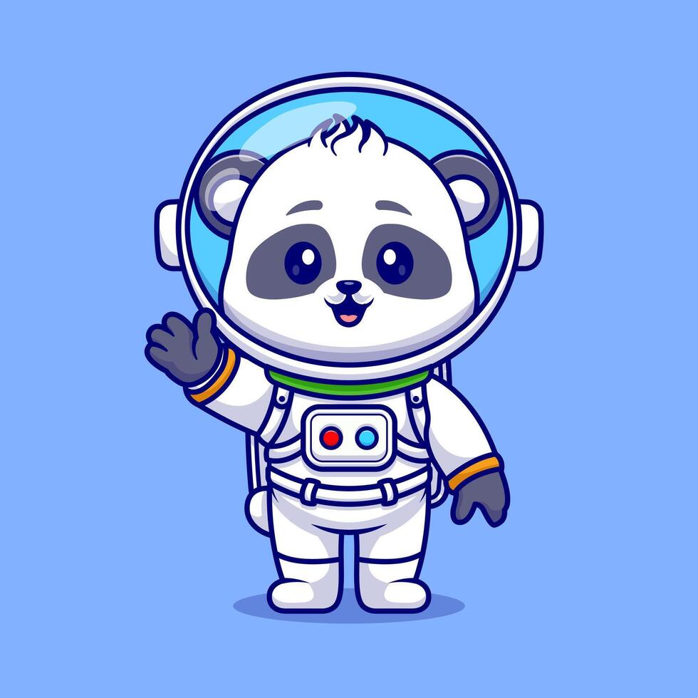 Cute panda astronaut standing and waving hand cartoon vector icon illustration animal science icon concept isolated