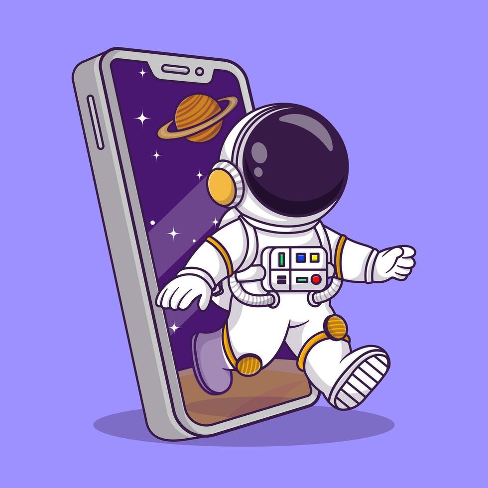 Cute astronaut out of space phone cartoon vector icon illustration science technology