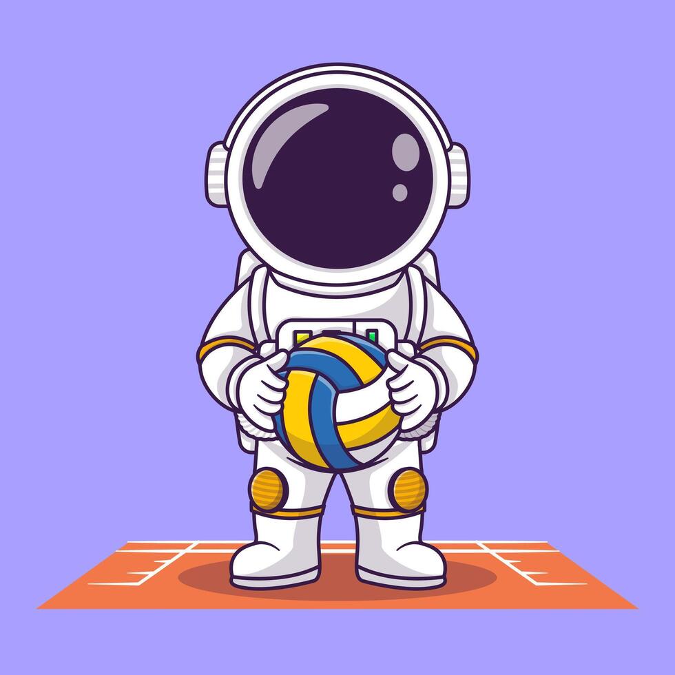 Cute astronaut playing volleyball cartoon vector icon illustration. science sport isolated.