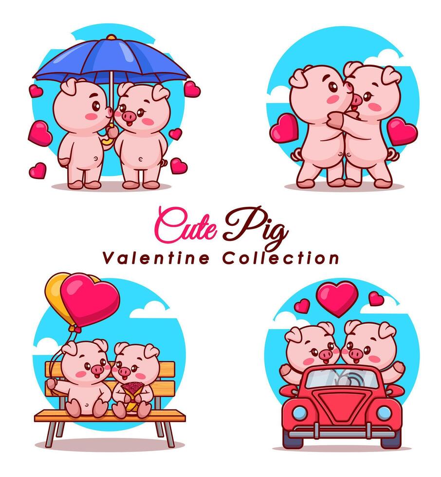 Set of cute pig couple with poses for valentine's day cartoon vector icon illustration