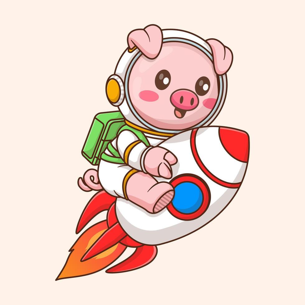 Cute pig astronaut riding rocket in space cartoon vector icon illustration animal science isolated