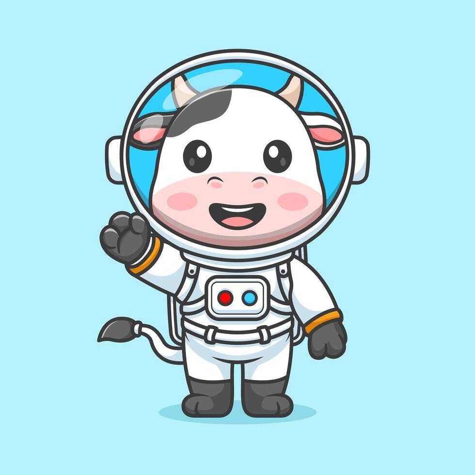Cute cow astronaut standing and waving hand cartoon vector icon illustration animal science icon concept isolated