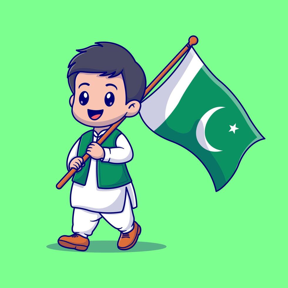 Cute boy holding pakistan flag cartoon vector icon illustration. people holiday icon concept isolated premium vector flat cartoon style.