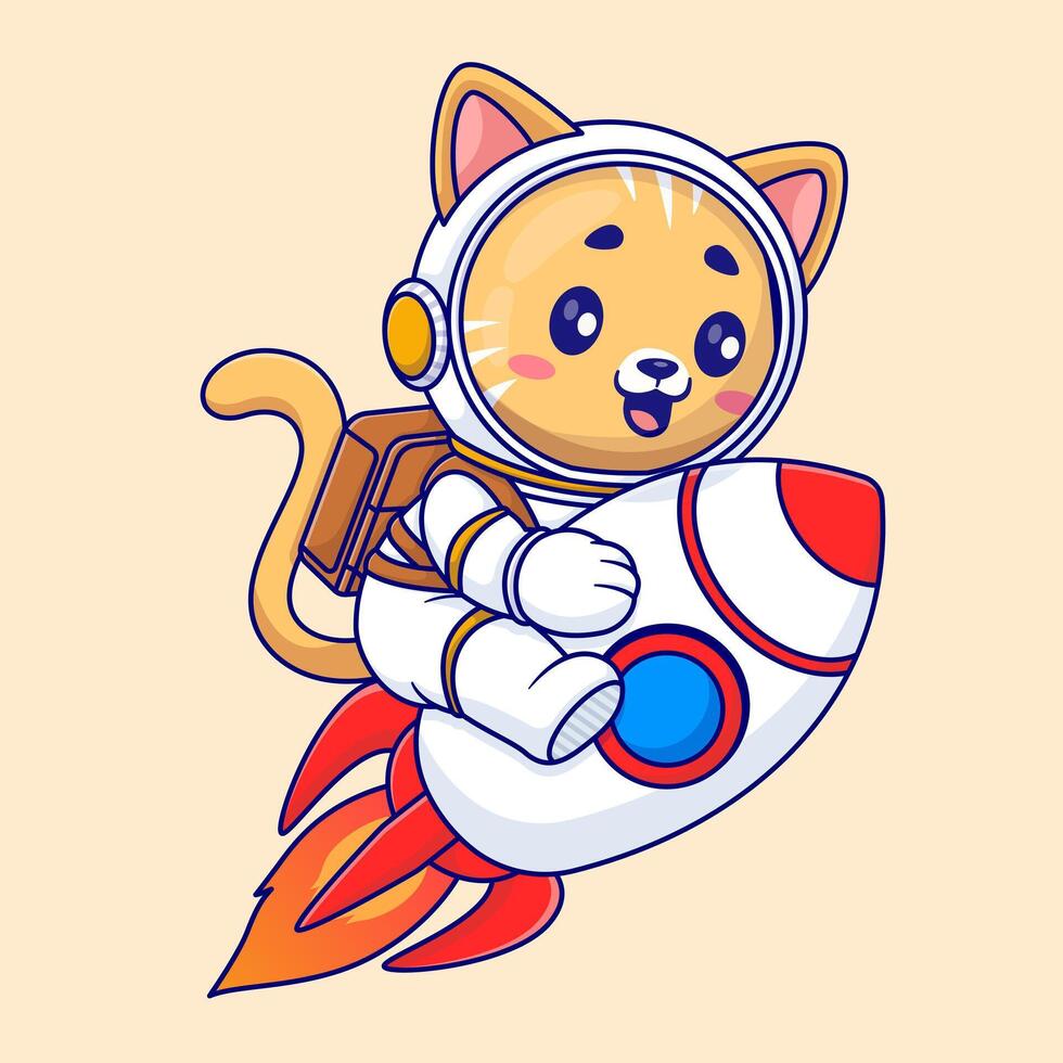Cute cat astronaut riding rocket in space cartoon vector icon illustration animal science isolated