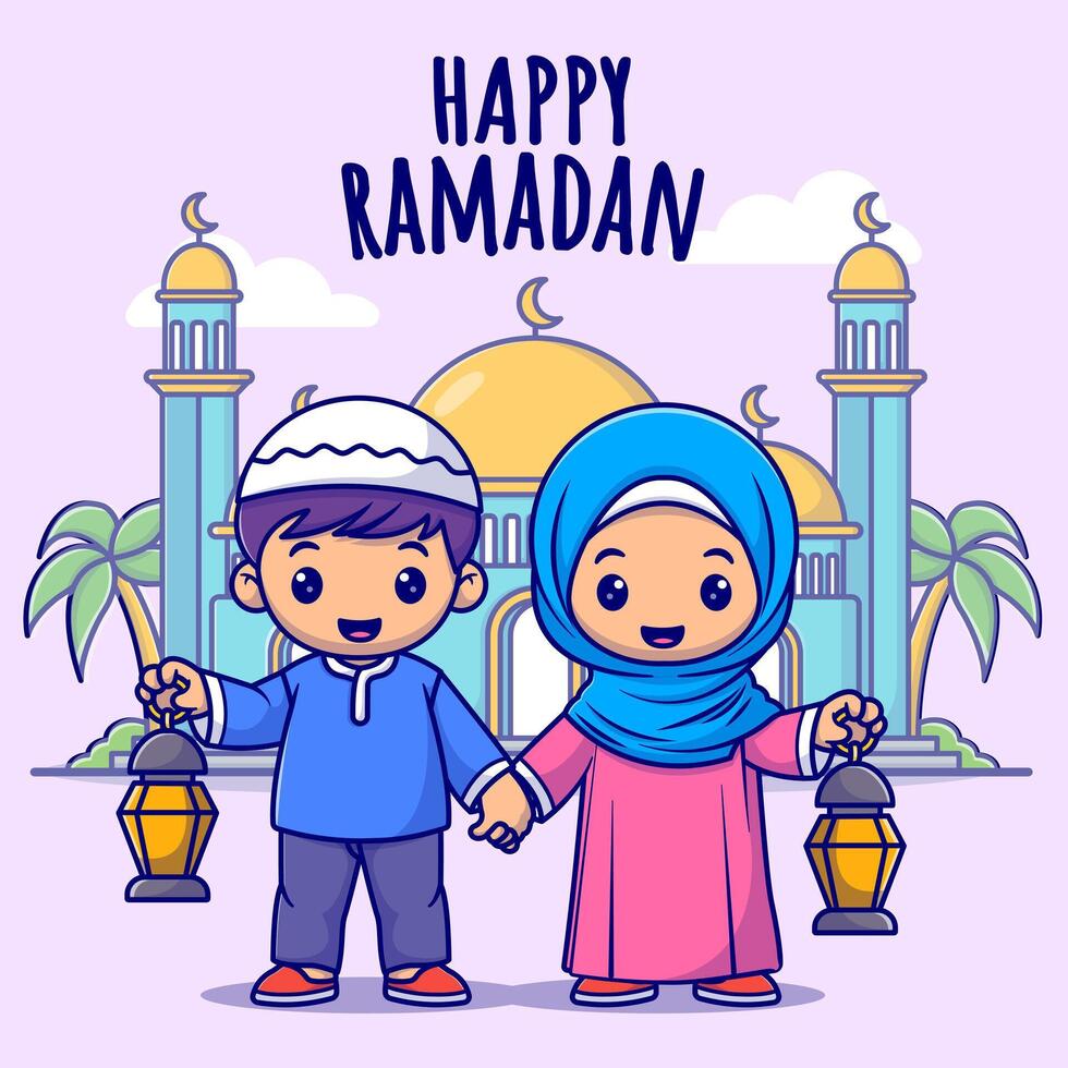 Cute girl and boy moslem celebrating ramadan cartoon vector icon illustration. people religion icon concept isolated premium vector flat cartoon style.