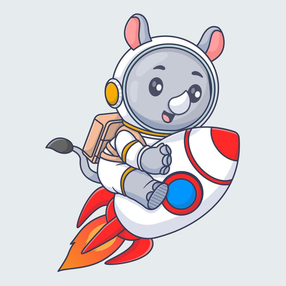 Cute rhino astronaut riding rocket in space cartoon vector icon illustration animal science isolated